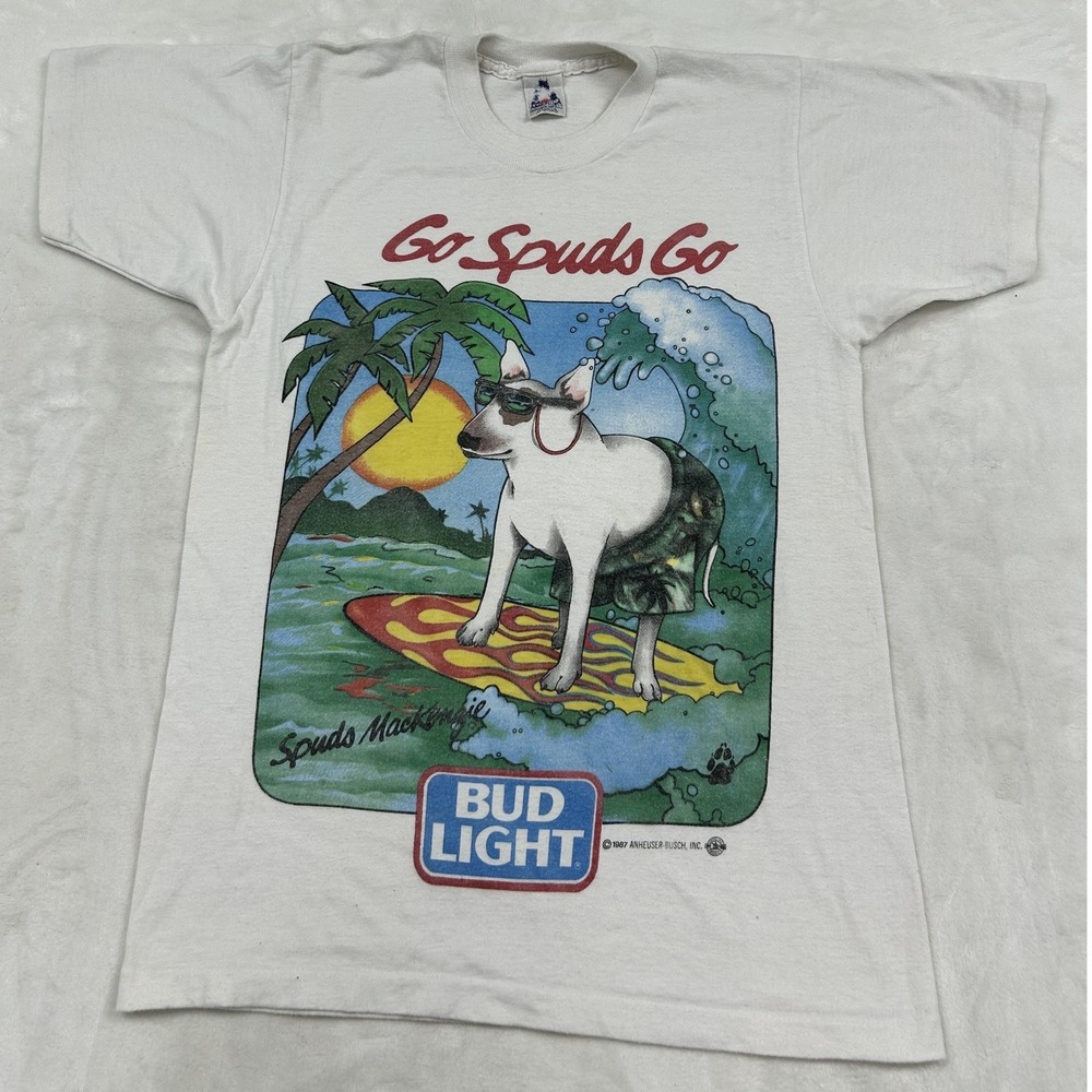 Bud Light T-Shirt Mens M White 1987 Spuds MacKenzie Surfing Graphic Vintage 80s
